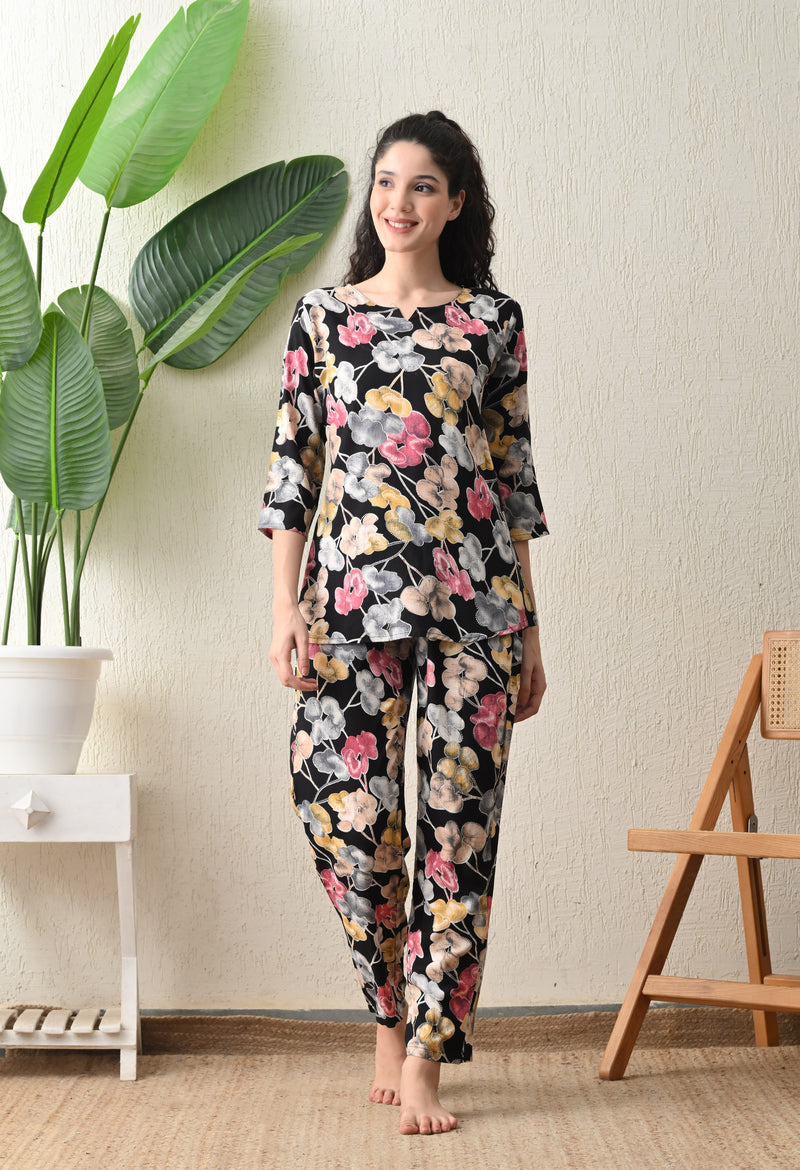 Ichaa Premium Rayon LoungeWear Set- Black