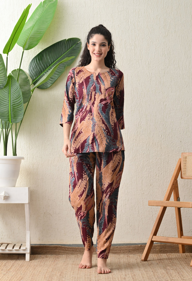 Ichaa Premium Rayon LoungeWear Set- Wine