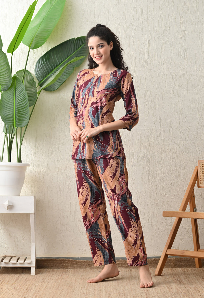 Ichaa Premium Rayon LoungeWear Set- Wine
