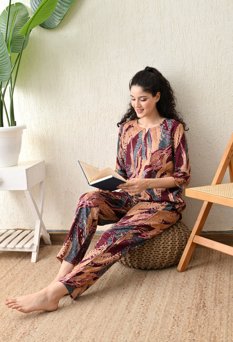 Ichaa Premium Rayon LoungeWear Set- Wine